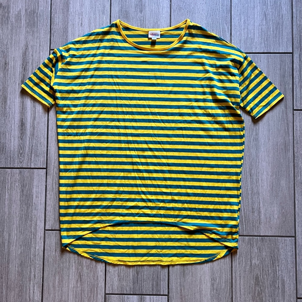 Lularoe Irma Yellow and Blue Striped Top